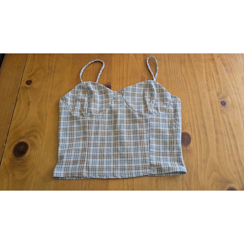 Timing Womens Plaid Bustier Crop Top Beige Brown Sweetheart Cami Large